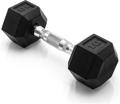 Rubber Coated Dumbbell Weights, Free Weights for Home Gym Strength Training, Anti-Roll Hex Dumbbells with Black, Chrome & Comfort Grip Handles, Singles