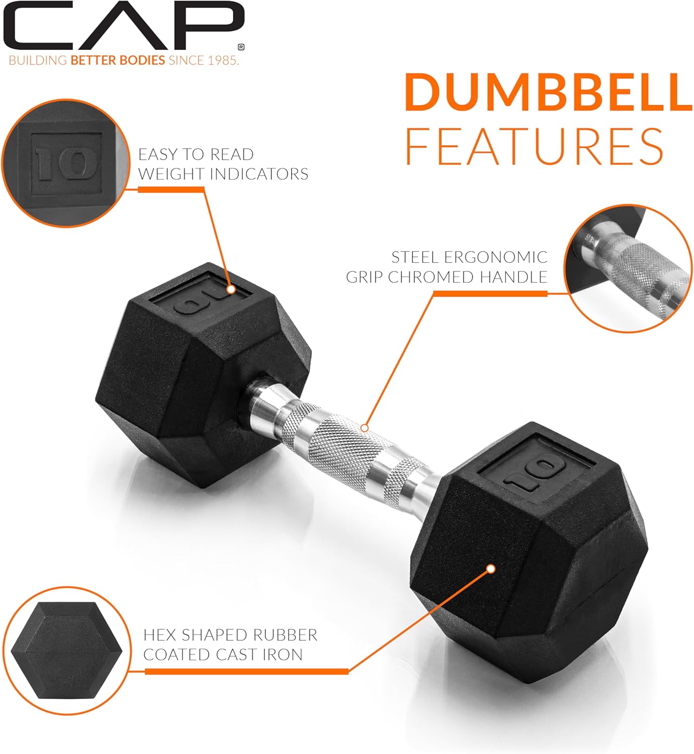 Rubber Coated Dumbbell Weights, Free Weights for Home Gym Strength Training, Anti-Roll Hex Dumbbells with Black, Chrome & Comfort Grip Handles, Singles