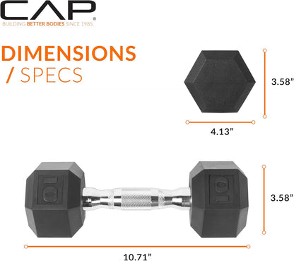 Rubber Coated Dumbbell Weights, Free Weights for Home Gym Strength Training, Anti-Roll Hex Dumbbells with Black, Chrome & Comfort Grip Handles, Singles