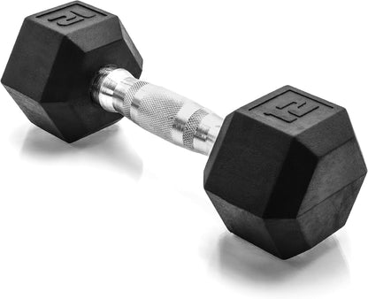 Rubber Coated Dumbbell Weights, Free Weights for Home Gym Strength Training, Anti-Roll Hex Dumbbells with Black, Chrome & Comfort Grip Handles, Singles