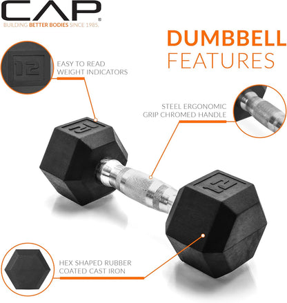 Rubber Coated Dumbbell Weights, Free Weights for Home Gym Strength Training, Anti-Roll Hex Dumbbells with Black, Chrome & Comfort Grip Handles, Singles