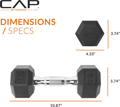Rubber Coated Dumbbell Weights, Free Weights for Home Gym Strength Training, Anti-Roll Hex Dumbbells with Black, Chrome & Comfort Grip Handles, Singles