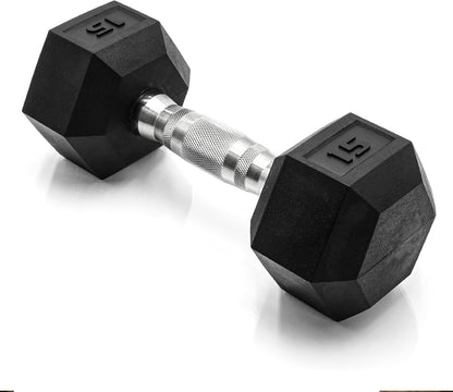 Rubber Coated Dumbbell Weights, Free Weights for Home Gym Strength Training, Anti-Roll Hex Dumbbells with Black, Chrome & Comfort Grip Handles, Singles