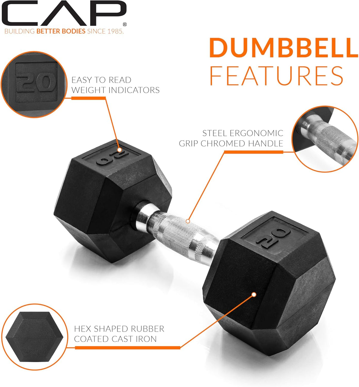 Rubber Coated Dumbbell Weights, Free Weights for Home Gym Strength Training, Anti-Roll Hex Dumbbells with Black, Chrome & Comfort Grip Handles, Singles