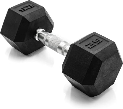 Rubber Coated Dumbbell Weights, Free Weights for Home Gym Strength Training, Anti-Roll Hex Dumbbells with Black, Chrome & Comfort Grip Handles, Singles