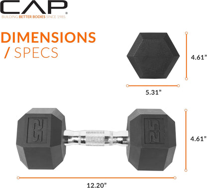 Rubber Coated Dumbbell Weights, Free Weights for Home Gym Strength Training, Anti-Roll Hex Dumbbells with Black, Chrome & Comfort Grip Handles, Singles