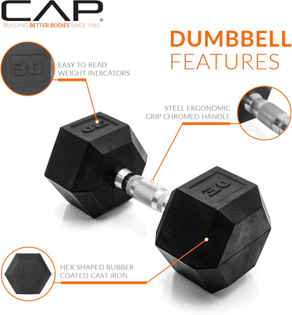Rubber Coated Dumbbell Weights, Free Weights for Home Gym Strength Training, Anti-Roll Hex Dumbbells with Black, Chrome & Comfort Grip Handles, Singles