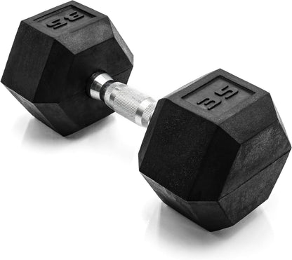 Rubber Coated Dumbbell Weights, Free Weights for Home Gym Strength Training, Anti-Roll Hex Dumbbells with Black, Chrome & Comfort Grip Handles, Singles