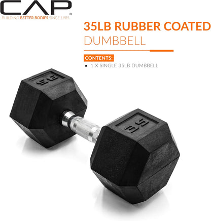 Rubber Coated Dumbbell Weights, Free Weights for Home Gym Strength Training, Anti-Roll Hex Dumbbells with Black, Chrome & Comfort Grip Handles, Singles