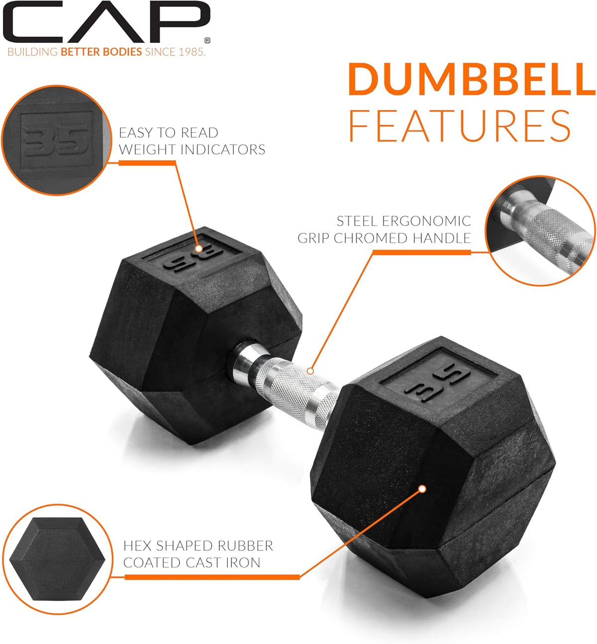 Rubber Coated Dumbbell Weights, Free Weights for Home Gym Strength Training, Anti-Roll Hex Dumbbells with Black, Chrome & Comfort Grip Handles, Singles