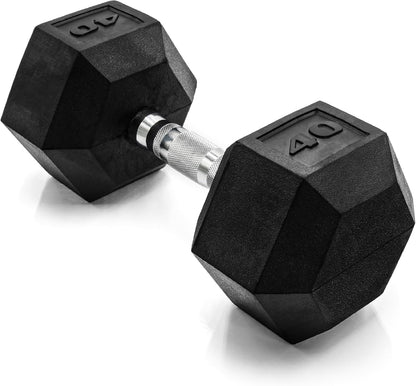 Rubber Coated Dumbbell Weights, Free Weights for Home Gym Strength Training, Anti-Roll Hex Dumbbells with Black, Chrome & Comfort Grip Handles, Singles