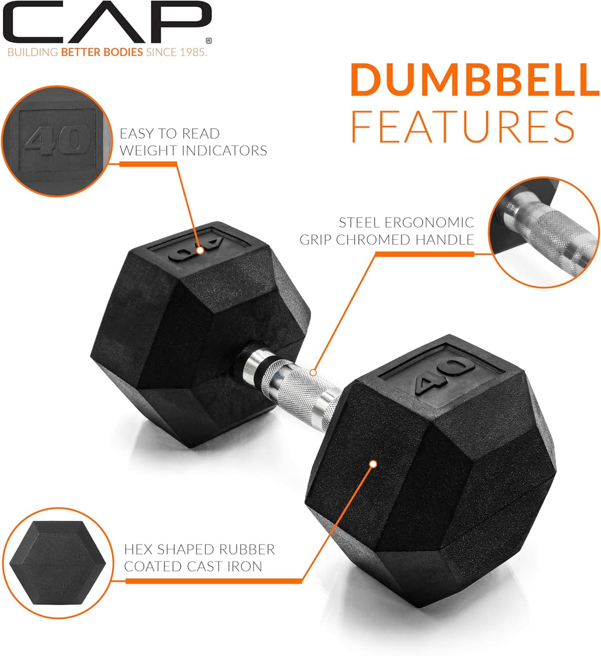 Rubber Coated Dumbbell Weights, Free Weights for Home Gym Strength Training, Anti-Roll Hex Dumbbells with Black, Chrome & Comfort Grip Handles, Singles