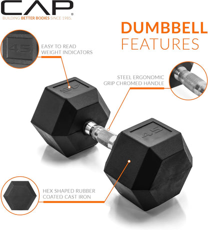 Rubber Coated Dumbbell Weights, Free Weights for Home Gym Strength Training, Anti-Roll Hex Dumbbells with Black, Chrome & Comfort Grip Handles, Singles