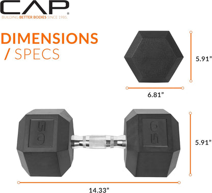 Rubber Coated Dumbbell Weights, Free Weights for Home Gym Strength Training, Anti-Roll Hex Dumbbells with Black, Chrome & Comfort Grip Handles, Singles