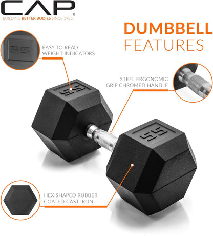 Rubber Coated Dumbbell Weights, Free Weights for Home Gym Strength Training, Anti-Roll Hex Dumbbells with Black, Chrome & Comfort Grip Handles, Singles