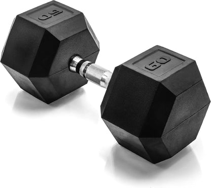 Rubber Coated Dumbbell Weights, Free Weights for Home Gym Strength Training, Anti-Roll Hex Dumbbells with Black, Chrome & Comfort Grip Handles, Singles