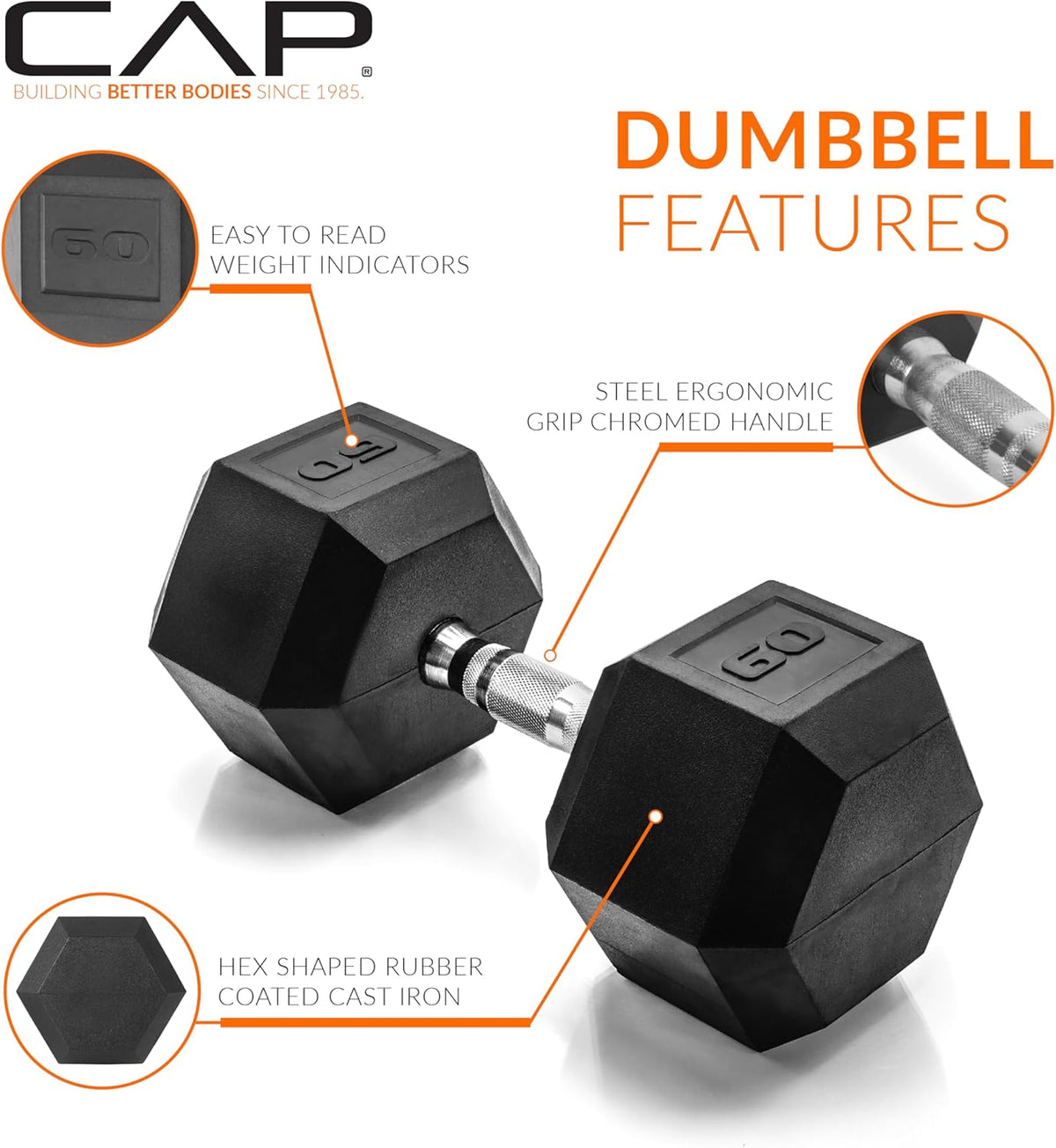 Rubber Coated Dumbbell Weights, Free Weights for Home Gym Strength Training, Anti-Roll Hex Dumbbells with Black, Chrome & Comfort Grip Handles, Singles