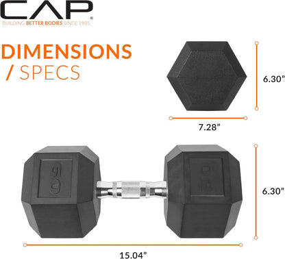 Rubber Coated Dumbbell Weights, Free Weights for Home Gym Strength Training, Anti-Roll Hex Dumbbells with Black, Chrome & Comfort Grip Handles, Singles