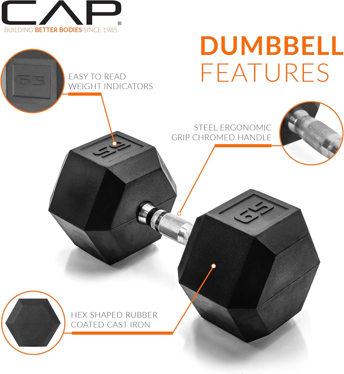Rubber Coated Dumbbell Weights, Free Weights for Home Gym Strength Training, Anti-Roll Hex Dumbbells with Black, Chrome & Comfort Grip Handles, Singles