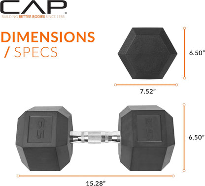 Rubber Coated Dumbbell Weights, Free Weights for Home Gym Strength Training, Anti-Roll Hex Dumbbells with Black, Chrome & Comfort Grip Handles, Singles