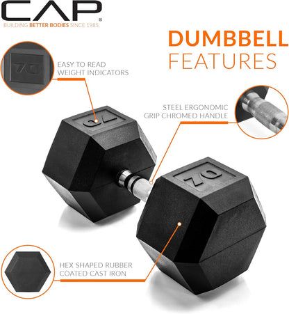 Rubber Coated Dumbbell Weights, Free Weights for Home Gym Strength Training, Anti-Roll Hex Dumbbells with Black, Chrome & Comfort Grip Handles, Singles