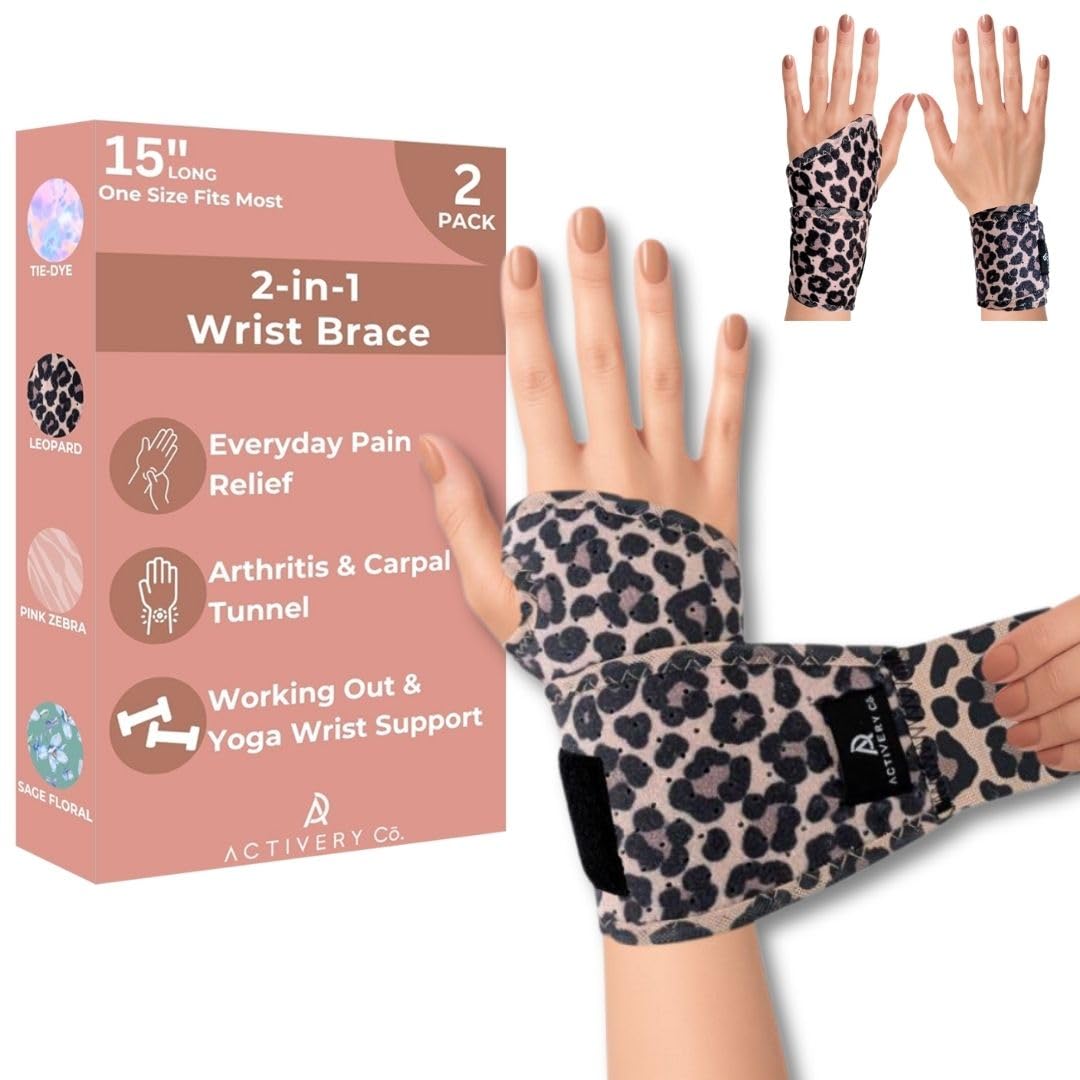 Carpal Tunnel Wrist Brace Left Hand, Right Hand for Women, Day or Night Compression Wrist Support Brace for Fitness, Keyboard Use, or Overnight Support, 2 Pack, Purple Tie Dye Print