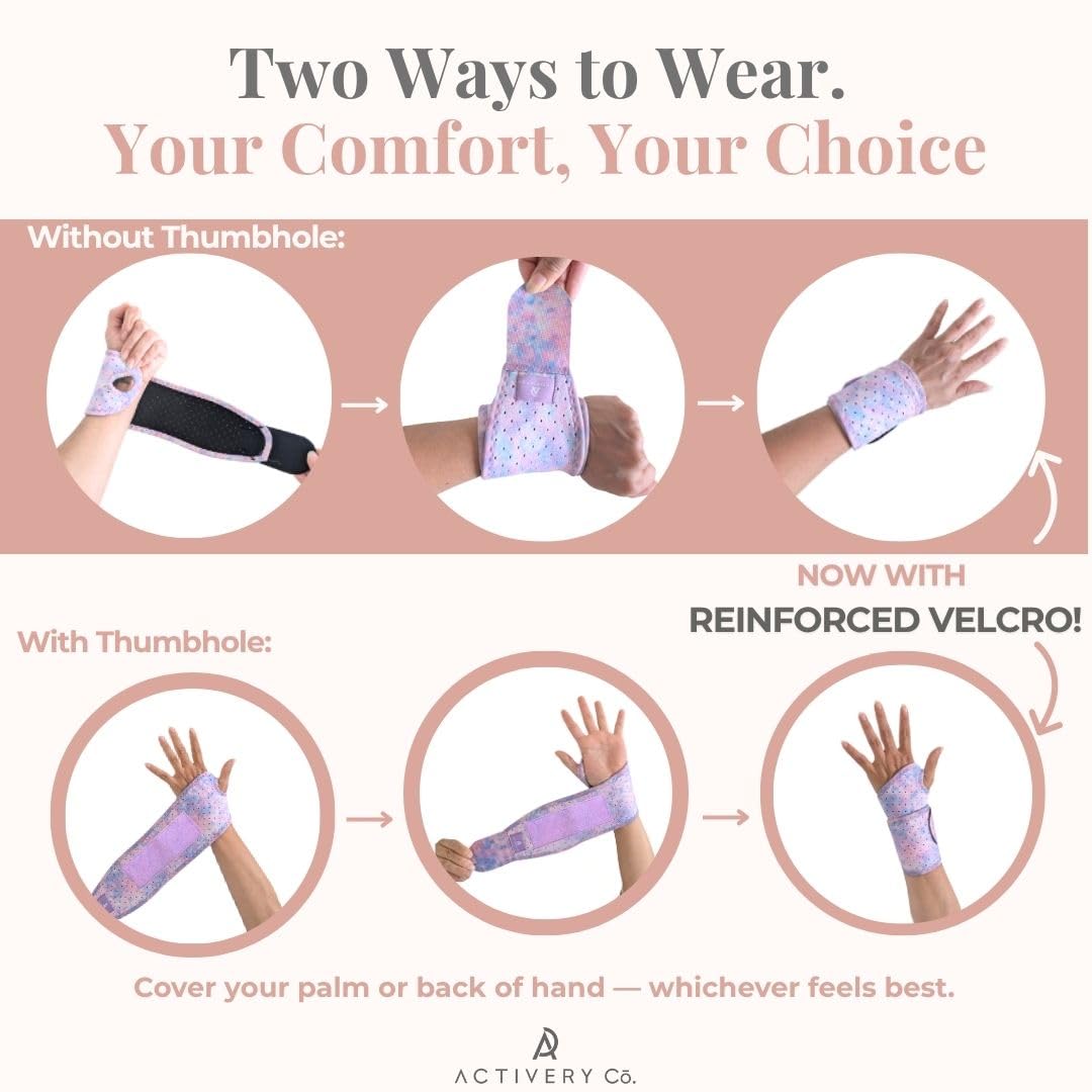 Carpal Tunnel Wrist Brace Left Hand, Right Hand for Women, Day or Night Compression Wrist Support Brace for Fitness, Keyboard Use, or Overnight Support, 2 Pack, Purple Tie Dye Print