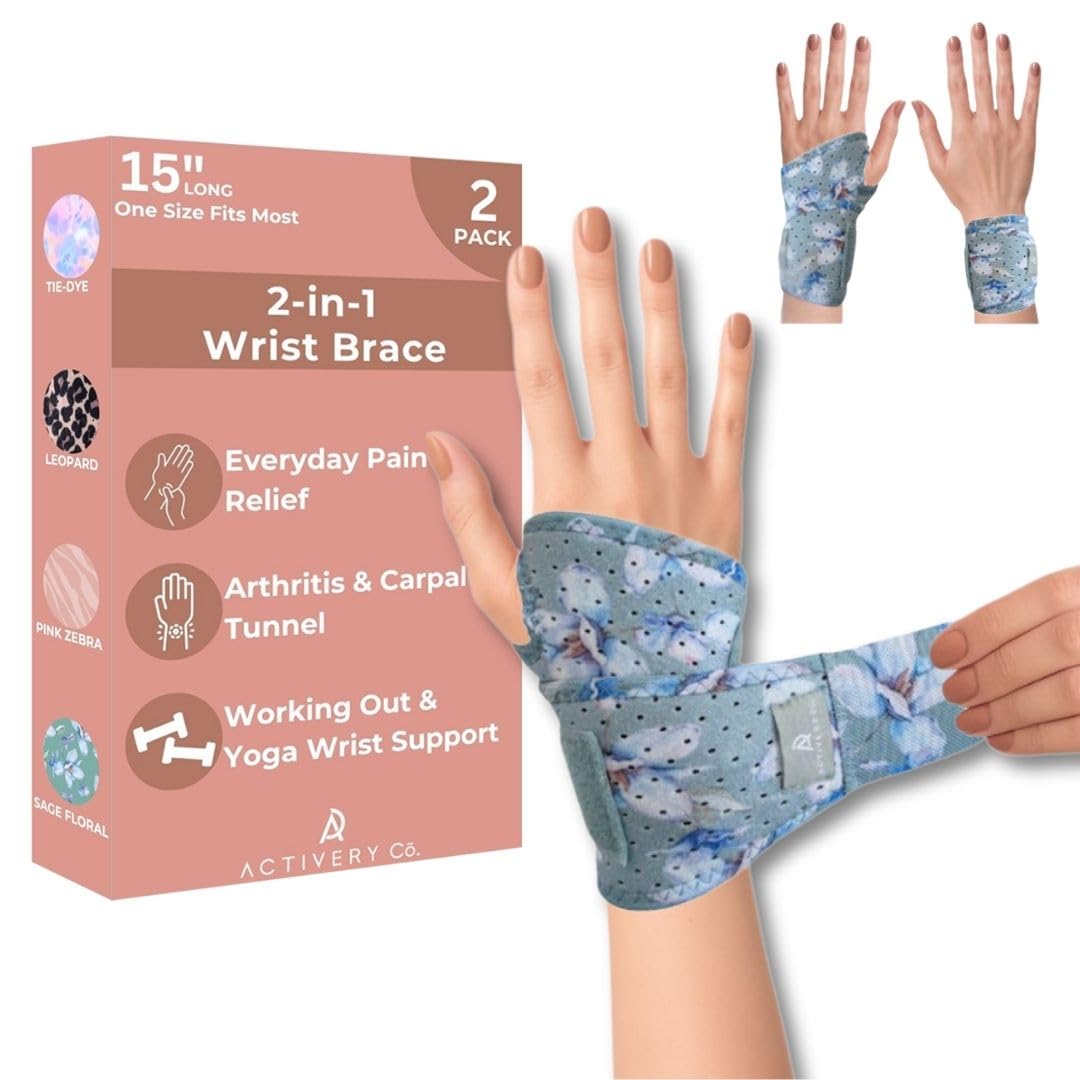 Carpal Tunnel Wrist Brace Left Hand, Right Hand for Women, Day or Night Compression Wrist Support Brace for Fitness, Keyboard Use, or Overnight Support, 2 Pack, Purple Tie Dye Print