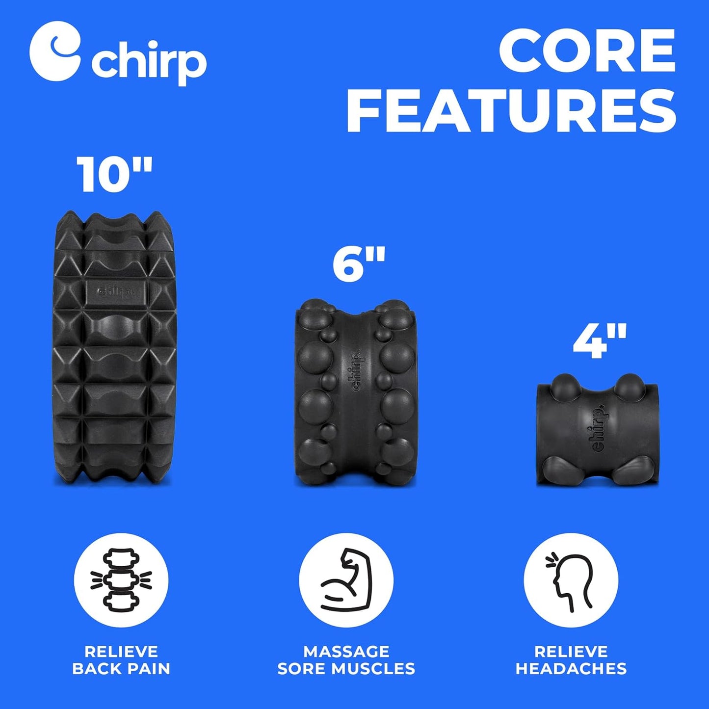 Wheel XR 3-Pack Foam Roller Set, Back & Neck Pain, 10/6/4" Black