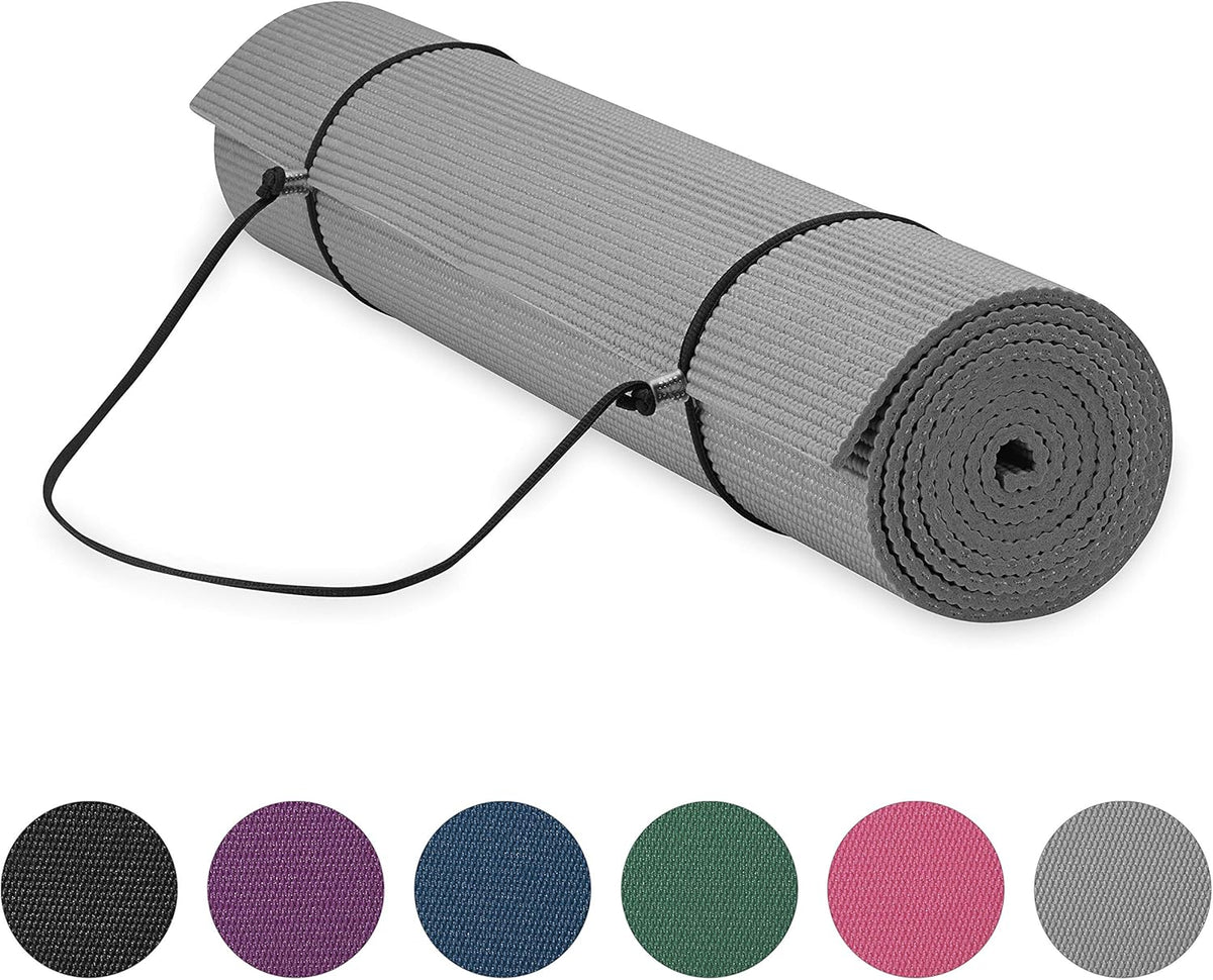 Essentials 1/4" Thin (6mm) Yoga & Pilates, Fitness & Exercise Mat with Easy-Cinch Carrier Strap Cusion Support For Fitness and Gym Workouts