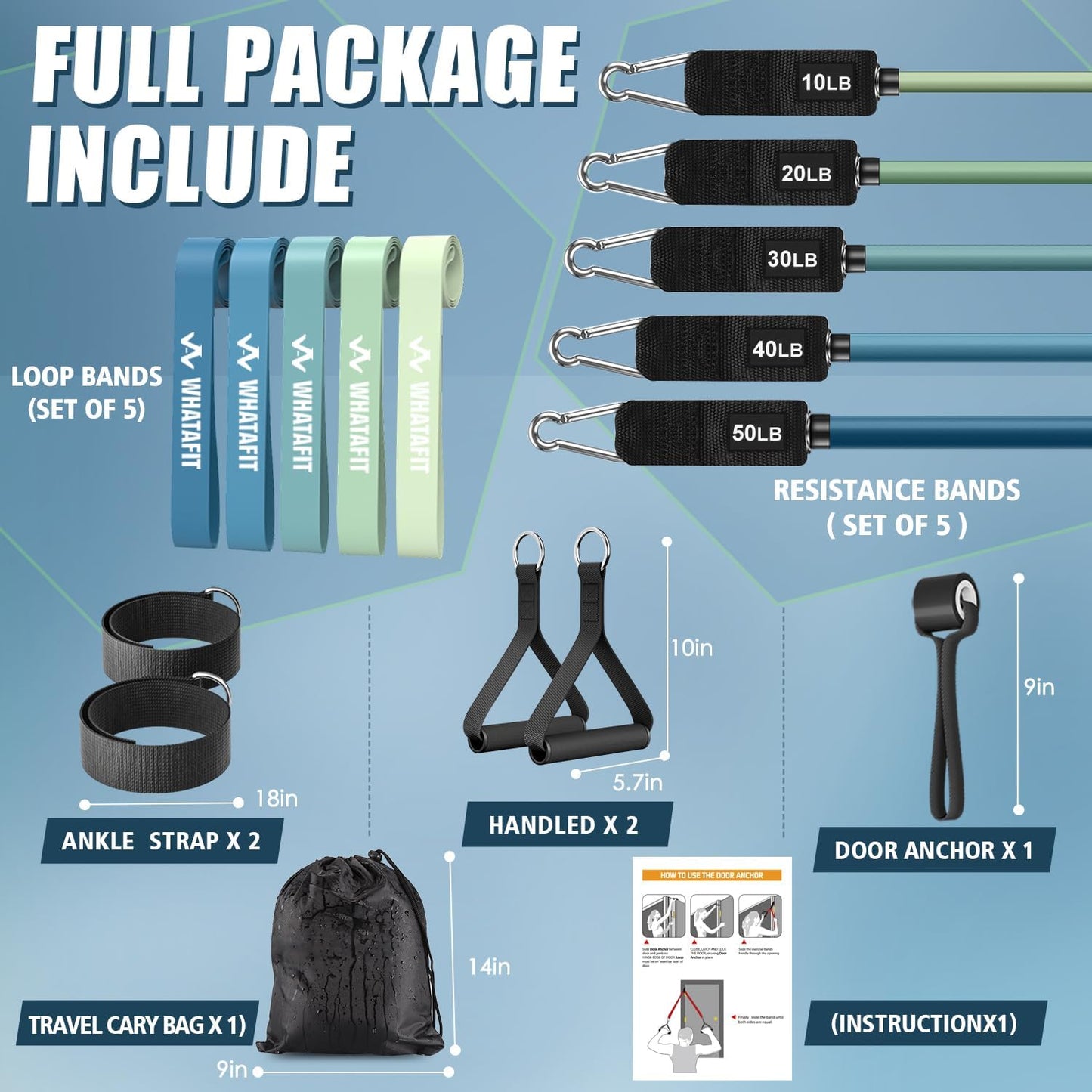 Resistance Bands, Exercise Bands, Workout Bands with Handles, Door Anchor and Ankle Straps, 5 Resistance Levels Fitness Bands for Strength Training, Physical Therapy, and Home Gym Equipment