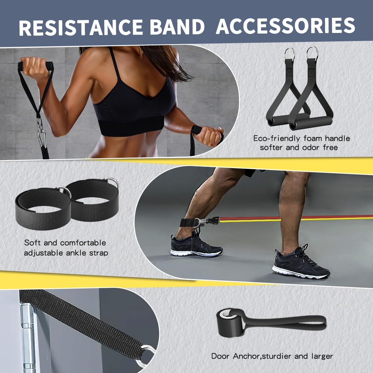 Resistance Bands, Exercise Bands, Workout Bands with Handles, Door Anchor and Ankle Straps, 5 Resistance Levels Fitness Bands for Strength Training, Physical Therapy, and Home Gym Equipment