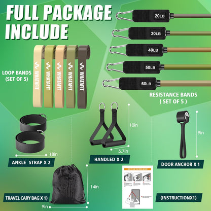 Resistance Bands, Exercise Bands, Workout Bands with Handles, Door Anchor and Ankle Straps, 5 Resistance Levels Fitness Bands for Strength Training, Physical Therapy, and Home Gym Equipment