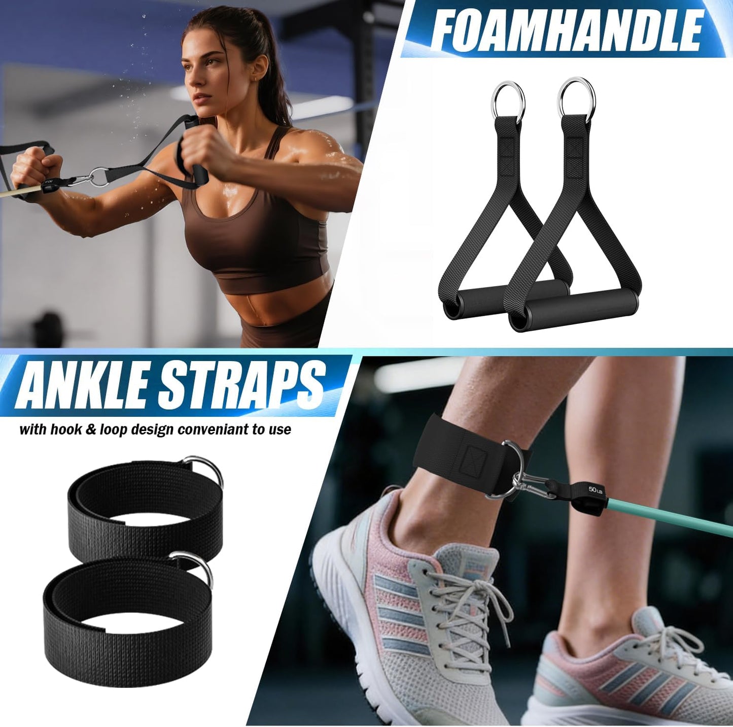Resistance Bands, Exercise Bands, Workout Bands with Handles, Door Anchor and Ankle Straps, 5 Resistance Levels Fitness Bands for Strength Training, Physical Therapy, and Home Gym Equipment