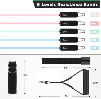 Resistance Bands, Exercise Bands, Workout Bands with Handles, Door Anchor and Ankle Straps, 5 Resistance Levels Fitness Bands for Strength Training, Physical Therapy, and Home Gym Equipment