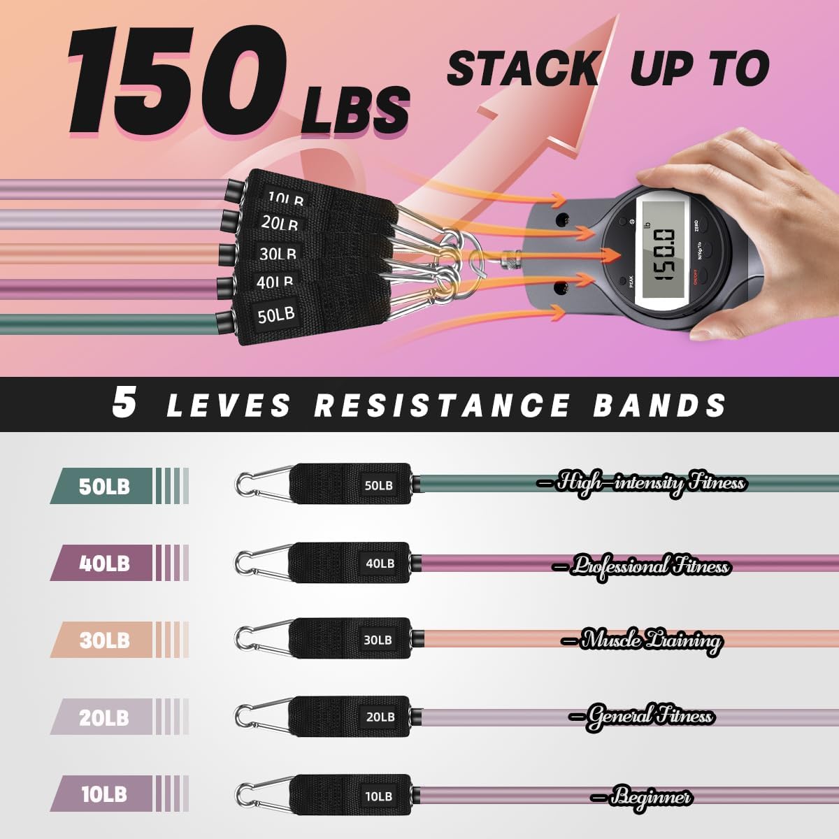 Resistance Bands, Exercise Bands, Workout Bands with Handles, Door Anchor and Ankle Straps, 5 Resistance Levels Fitness Bands for Strength Training, Physical Therapy, and Home Gym Equipment