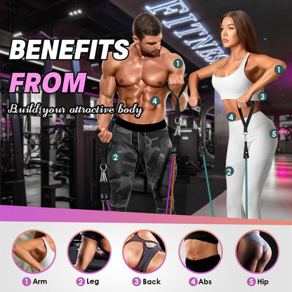 Resistance Bands, Exercise Bands, Workout Bands with Handles, Door Anchor and Ankle Straps, 5 Resistance Levels Fitness Bands for Strength Training, Physical Therapy, and Home Gym Equipment