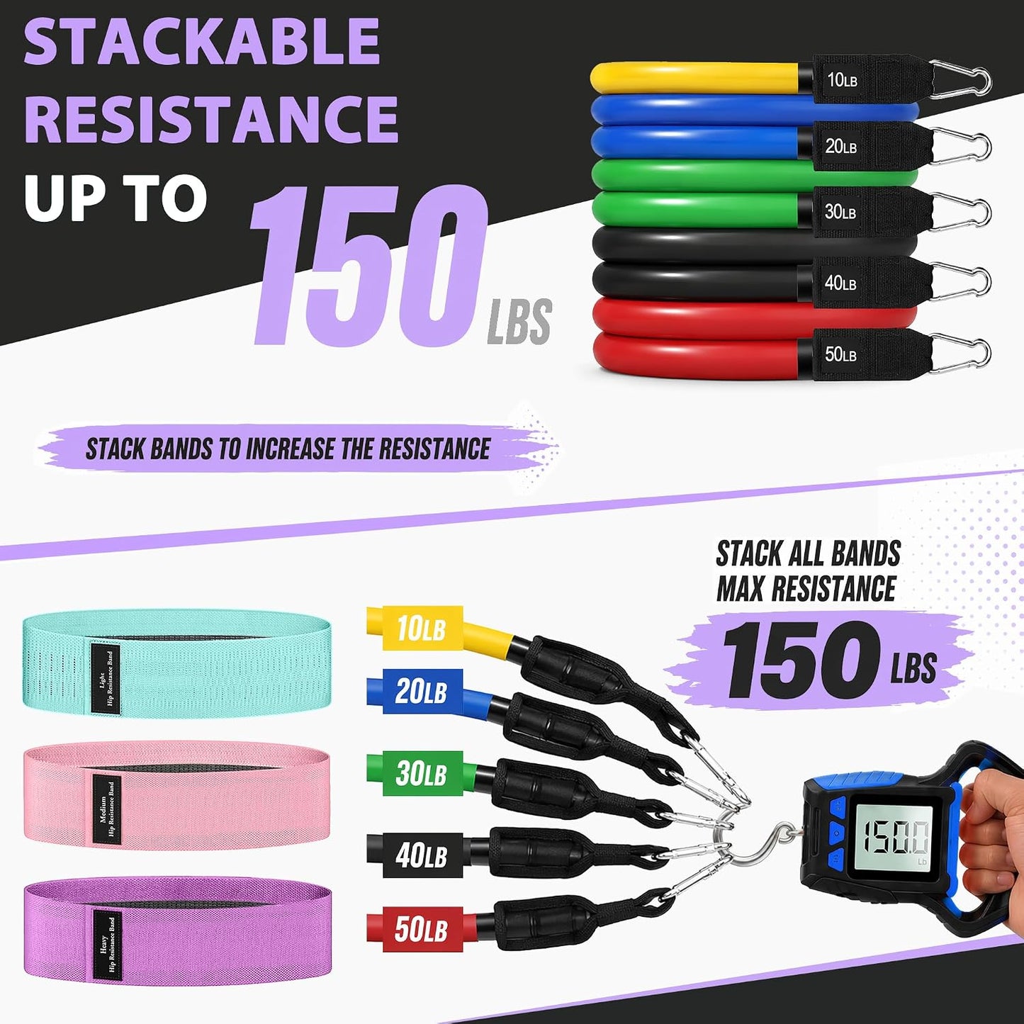 Resistance Bands, Exercise Bands, Workout Bands with Handles, Door Anchor and Ankle Straps, 5 Resistance Levels Fitness Bands for Strength Training, Physical Therapy, and Home Gym Equipment