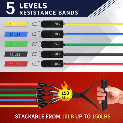 Resistance Bands, Exercise Bands, Workout Bands with Handles, Door Anchor and Ankle Straps, 5 Resistance Levels Fitness Bands for Strength Training, Physical Therapy, and Home Gym Equipment