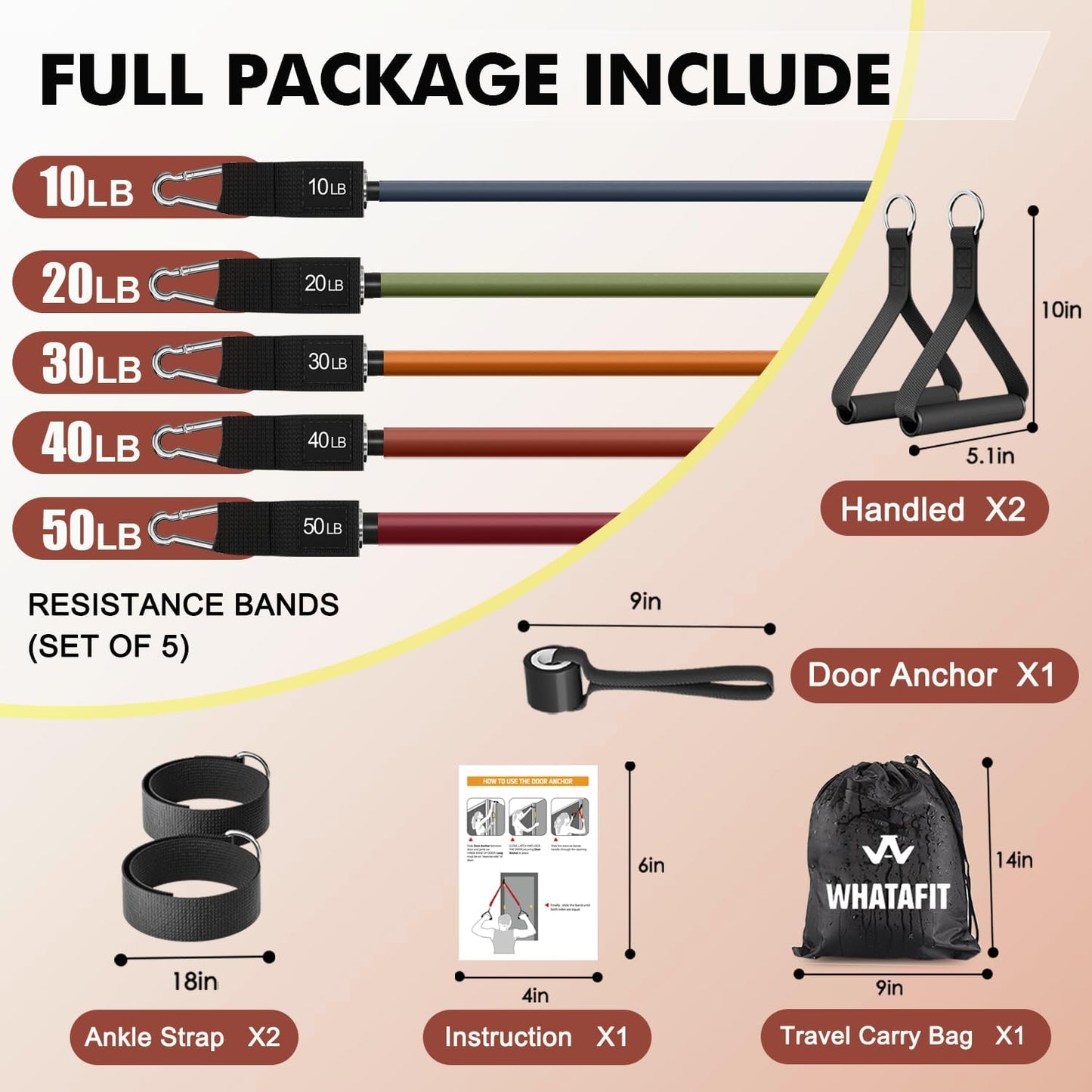 Resistance Bands, Exercise Bands, Workout Bands with Handles, Door Anchor and Ankle Straps, 5 Resistance Levels Fitness Bands for Strength Training, Physical Therapy, and Home Gym Equipment