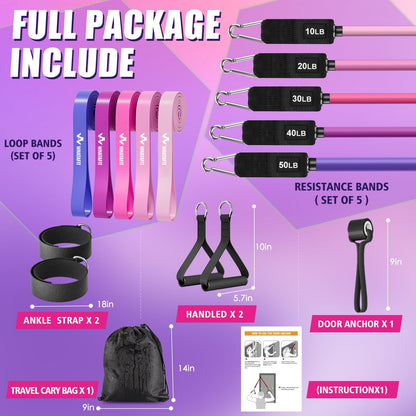Resistance Bands, Exercise Bands, Workout Bands with Handles, Door Anchor and Ankle Straps, 5 Resistance Levels Fitness Bands for Strength Training, Physical Therapy, and Home Gym Equipment