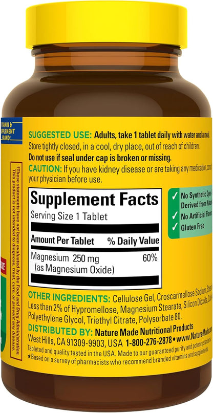 Nature Made Magnesium Oxide 250 mg for Muscle Relaxation, 200 Tablets