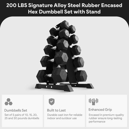BalanceFrom Rubber Coated Hex Dumbbell Set with A-Frame Rack, Black | – Solid Cast Iron Home Gym Weights with Chrome Handles for Full-Body Strength Training and Muscle Toning