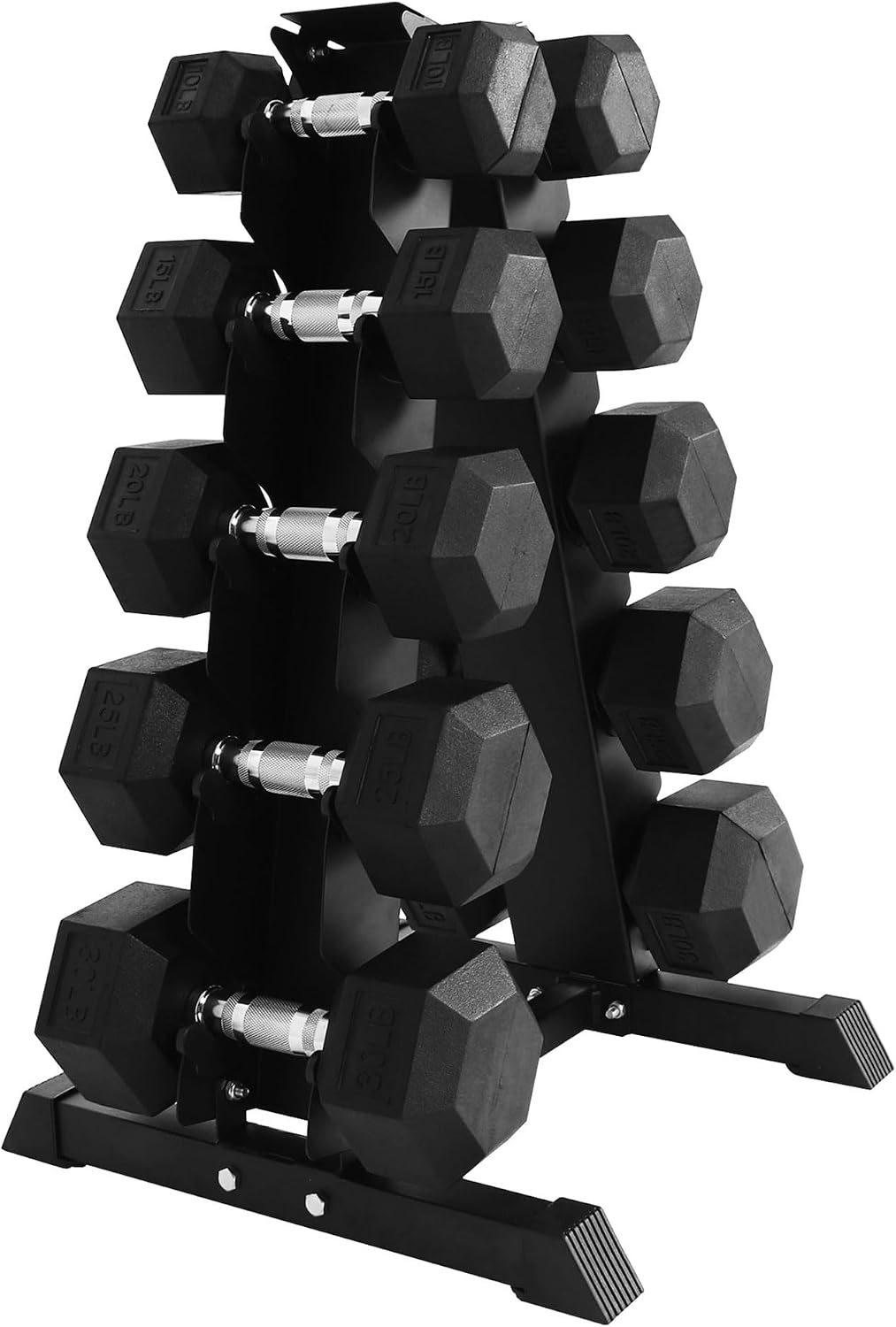 BalanceFrom Rubber Coated Hex Dumbbell Set with A-Frame Rack, Black | – Solid Cast Iron Home Gym Weights with Chrome Handles for Full-Body Strength Training and Muscle Toning