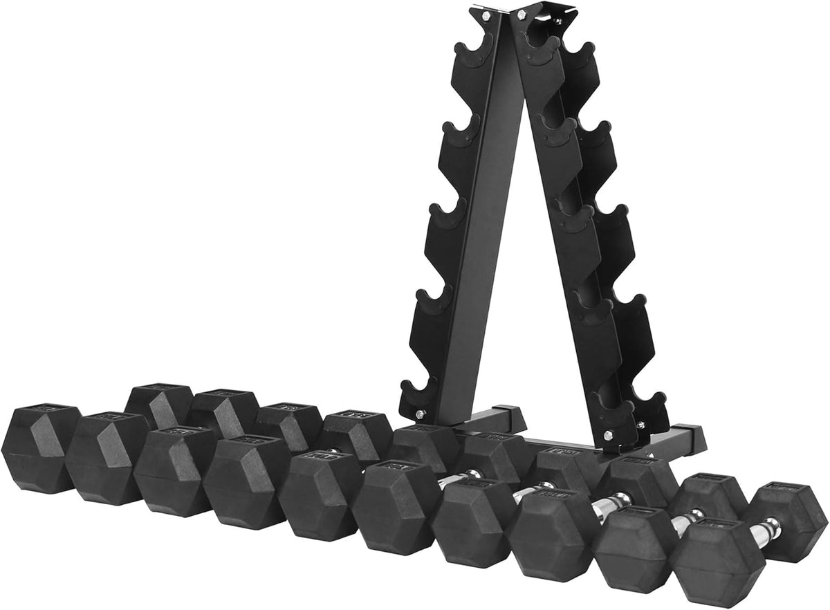 BalanceFrom Rubber Coated Hex Dumbbell Set with A-Frame Rack, Black | – Solid Cast Iron Home Gym Weights with Chrome Handles for Full-Body Strength Training and Muscle Toning