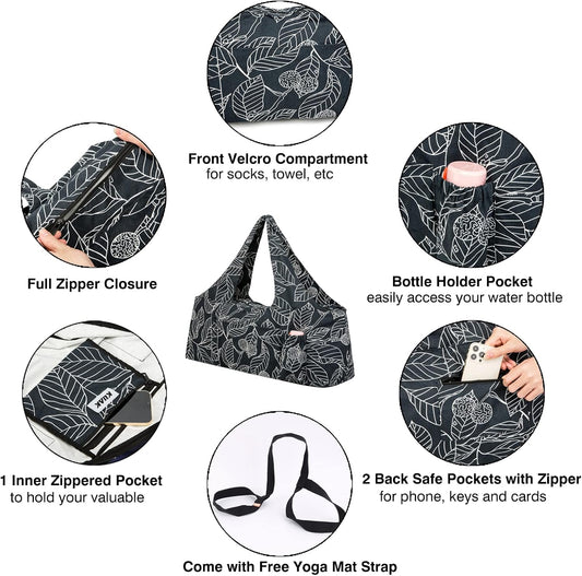 Extra Large Yoga Mat Bag with Zippered Top & 5 Pockets - Premium Canvas Tote with Yoga Mat Carrying Strap for Pilates, Gym, Fitness Block & Gear