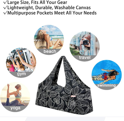 Extra Large Yoga Mat Bag with Zippered Top & 5 Pockets - Premium Canvas Tote with Yoga Mat Carrying Strap for Pilates, Gym, Fitness Block & Gear