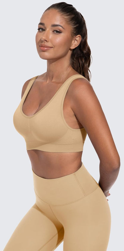 Light Impact Seamless Sports Bras for Women - Wireless Stretchy Comfort Yoga Bra