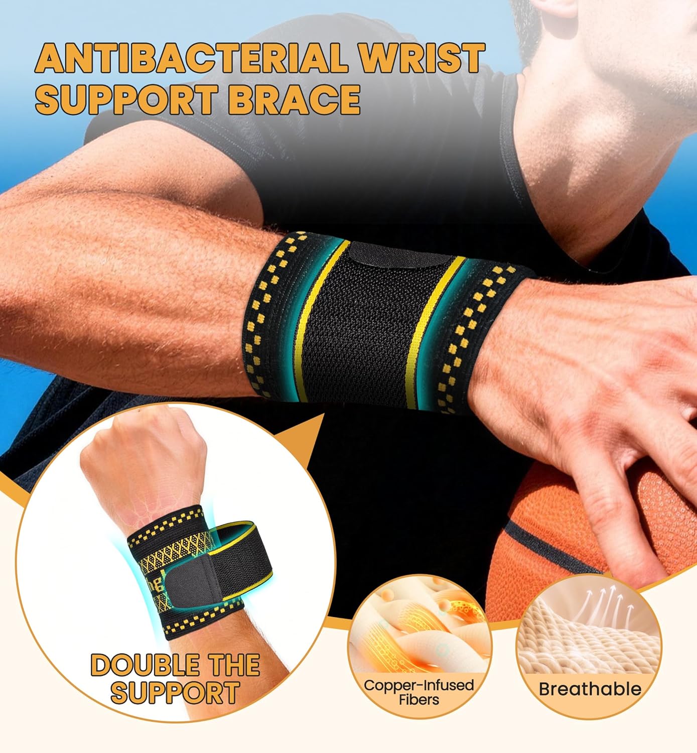 Copper Infused Compression Wrist Support Brace with Adjustable Wrap, Medium | 2-Pack, Men & Women, Carpal Tunnel Relief, Tendonitis & Arthritis, Sports Support, Breathable Sleeve