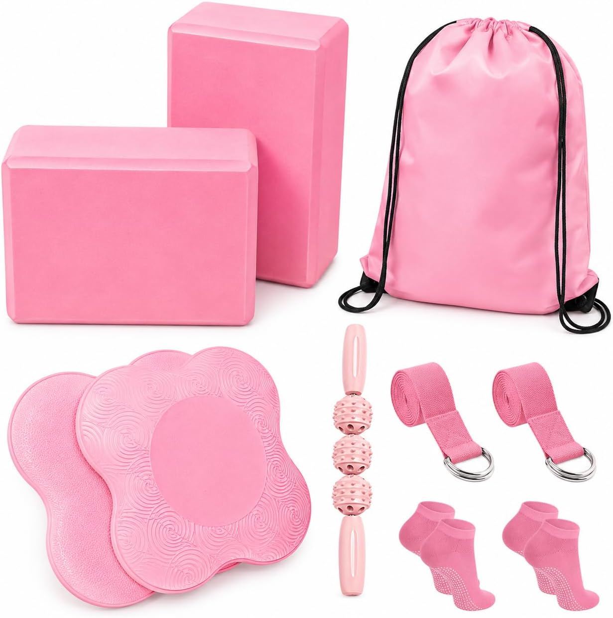 2 Yoga Blocks Supportive Accessories including 2 Knee Pads, 2 With Strap To Put Less Weight On Wrists, 1 Muscle Massage Roller, 2 Pair of Non-Slip Pilates Socks, 1 GYM Bag, Durable Versatile Yoga Brick Exercise Set of 10